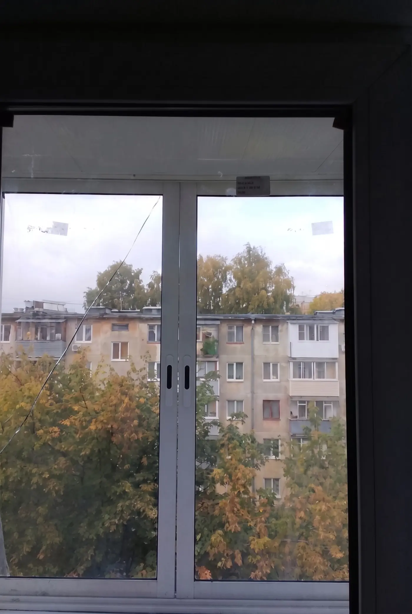 ДО замены: трещина через всё стекло от термошока — окно на осеннюю пятиэтажку