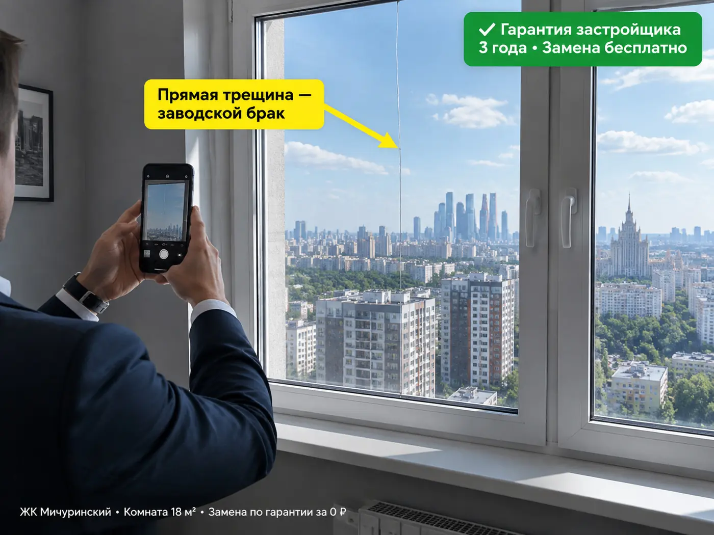 ДО замены: прямая трещина в стеклопакете новостройки ЖК Мичуринский — заводской брак резки, гарантийный случай застройщика