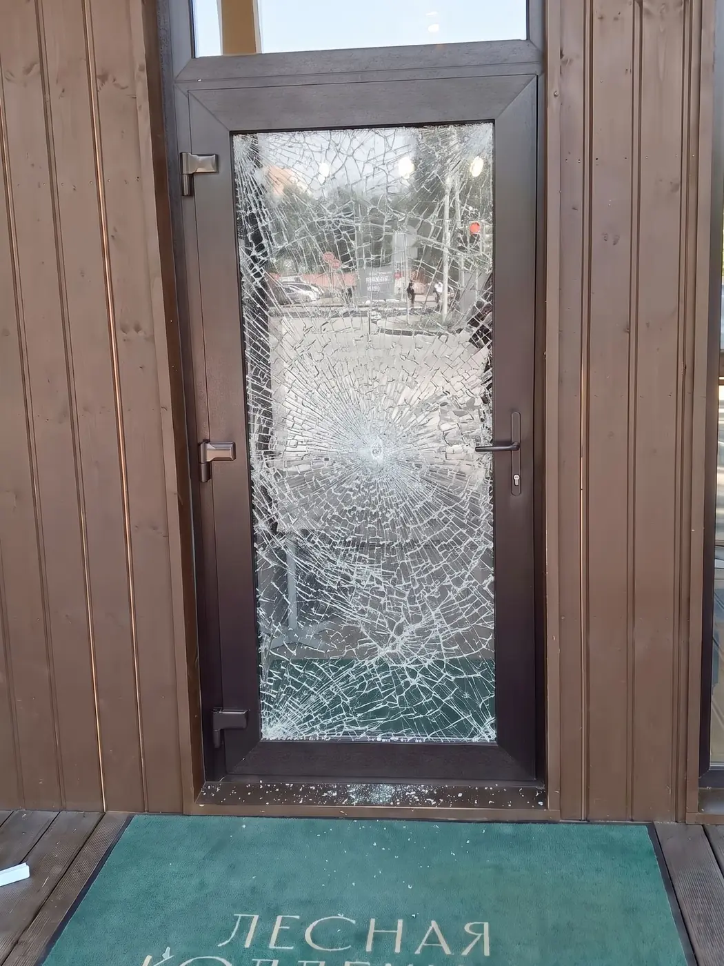 ДО замены: разбитый триплекс во входной алюминиевой двери загородного дома «Лесная коллекция»