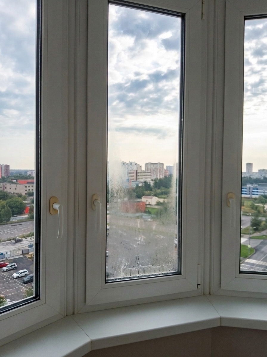 Запотевание внутри стеклопакета центрального окна эркера ПВХ в новостройке Москвы — конденсат между стёкол на высоком этаже