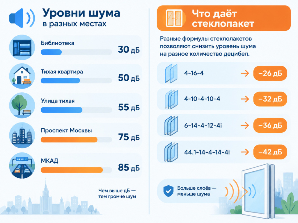 Сравнение уровней шума для разных формул стеклопакетов — от 26 до 42 дБ
