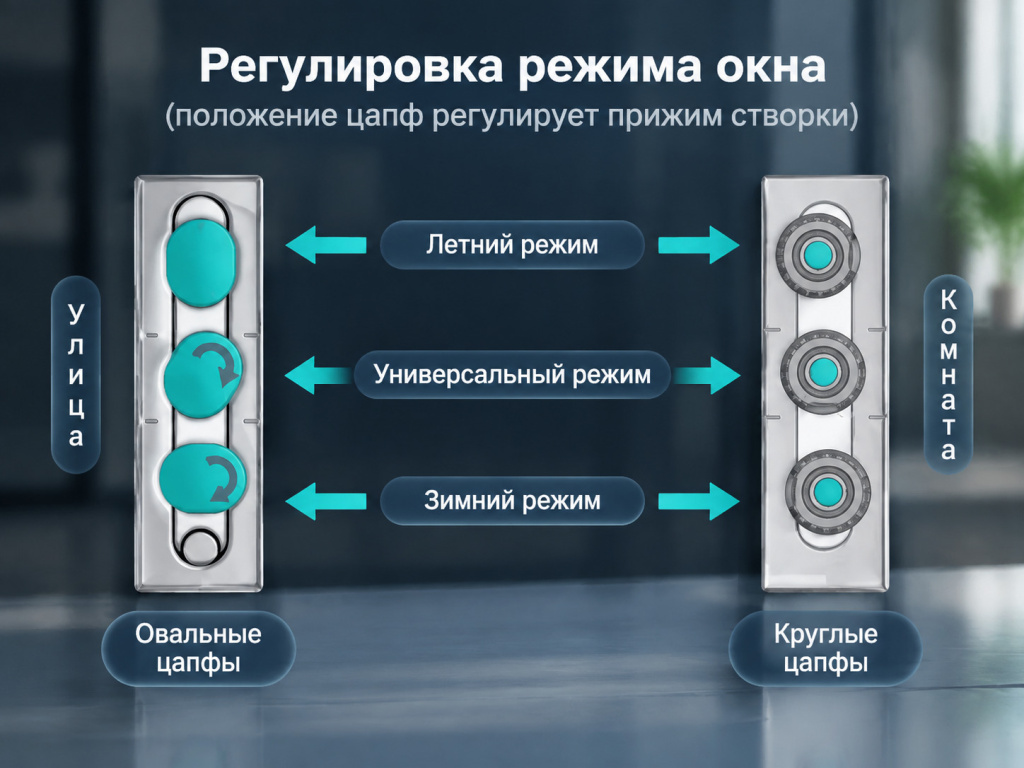 Летний и зимний режим пластикового окна — положение цапфы эксцентрика